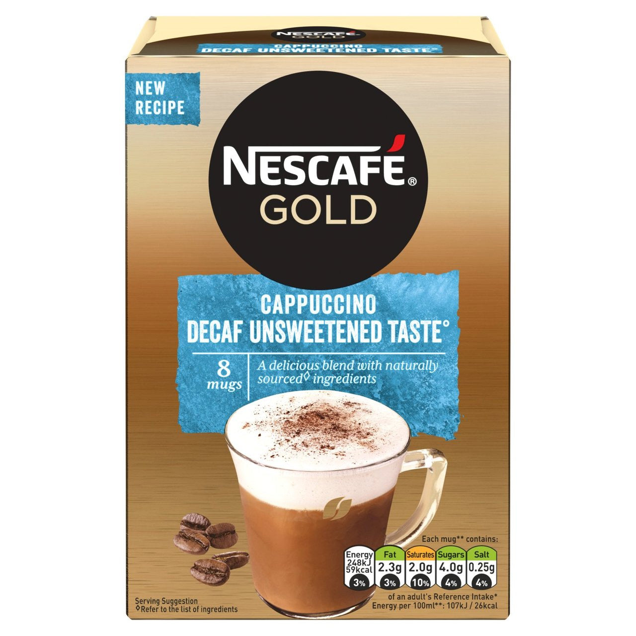 Gold Decaff Cappuccino Unsweetened Instant Coffee 8 Sachets