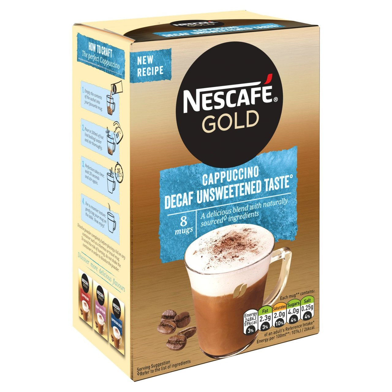 Gold Decaff Cappuccino Unsweetened Instant Coffee 8 Sachets