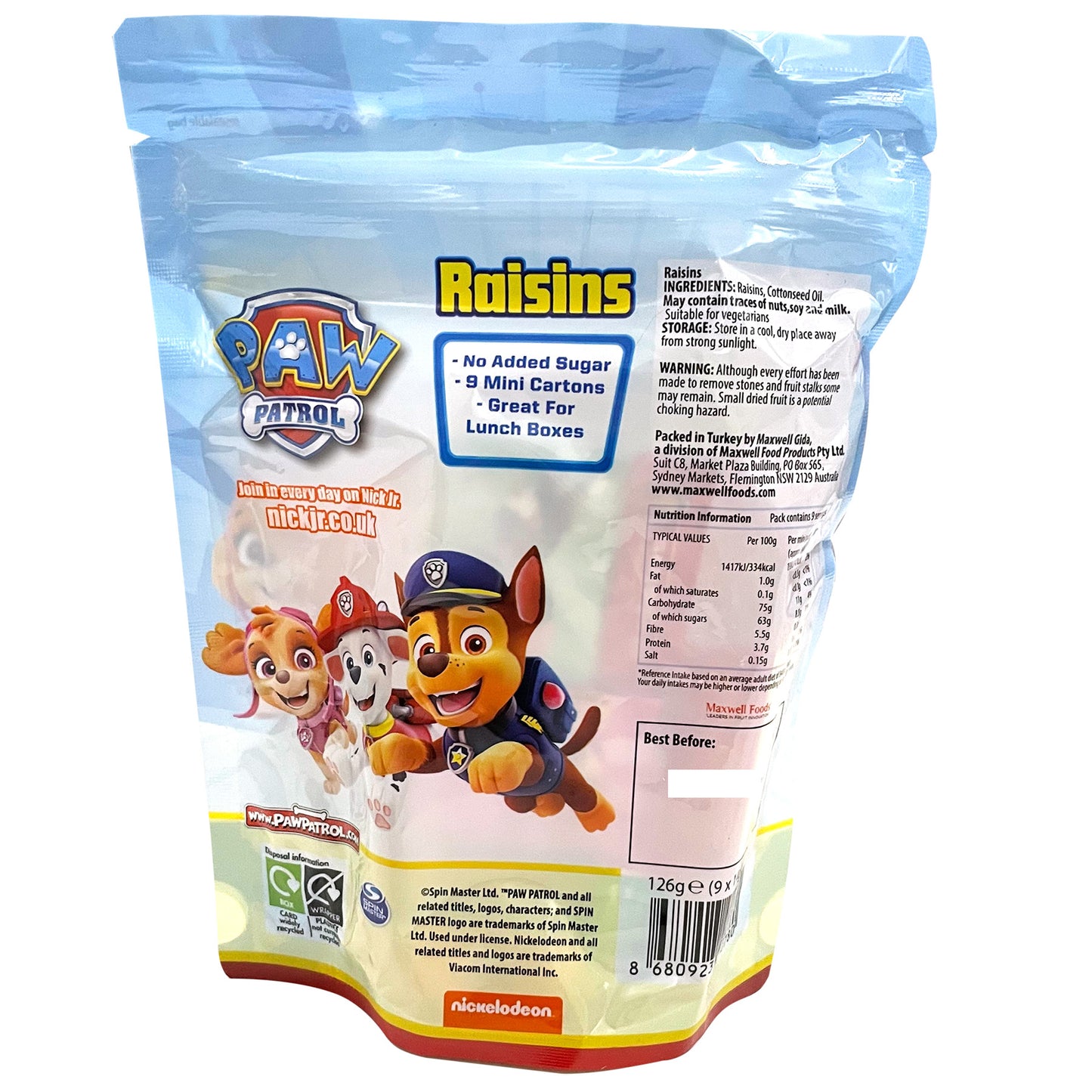 Paw Patrol Snack Raisins 9pk